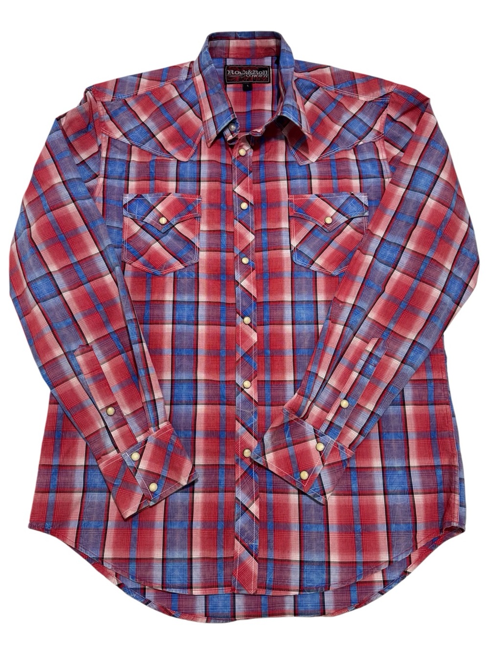 Rock & Roll Cowboy Red Blue Plaid Western Shirt Dual Pockets Button Down Large